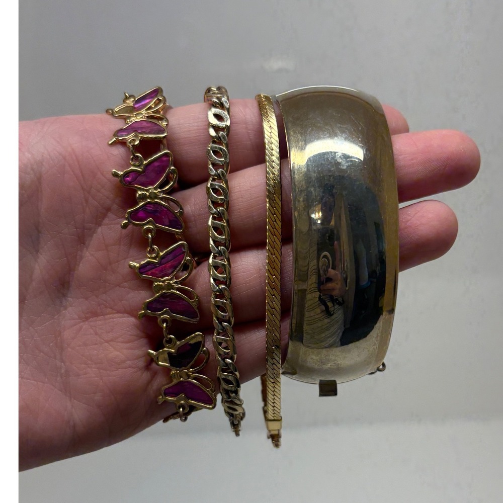 Gold Silver Tone Bracelet Lot 4pc Butterfly Link Curb Chain Herringbone Bangle